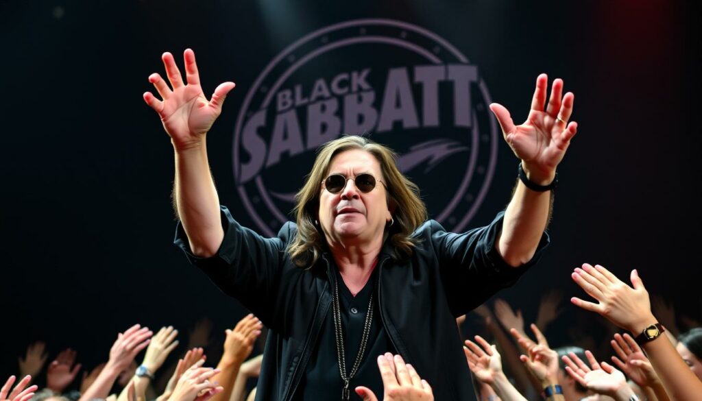 Ozzy Osbourne, the legendary frontman of Black Sabbath, stands center stage, his hands raised in a powerful gesture as he performs one last time before retirement. The aging rocker's weathered face is etched with a determined expression, sweat glistening under the bright stage lights. Surrounding him, a sea of adoring fans, their hands reaching towards the icon. In the background, the iconic Black Sabbath logo looms, a testament to Ozzy's enduring legacy. The scene is tinged with a somber, bittersweet mood, reflecting the health challenges and the decision to step away from the limelight.