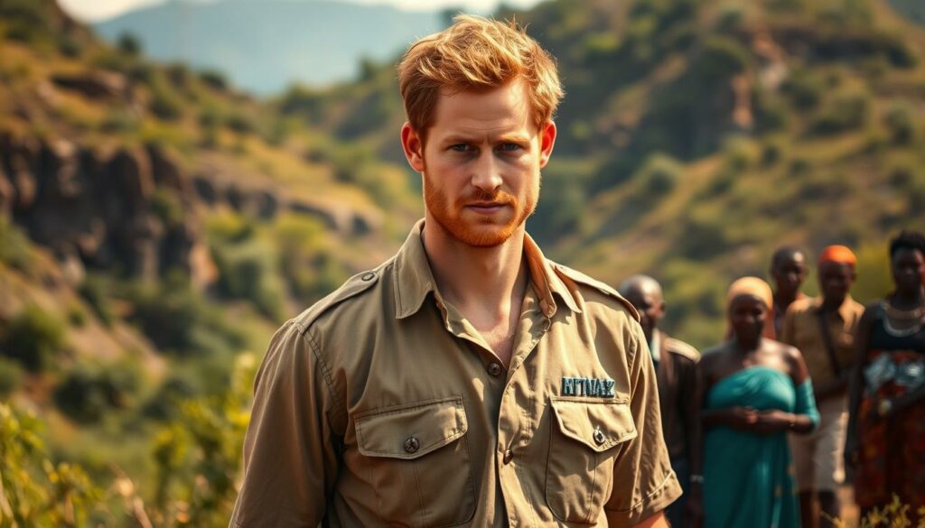 Prinz Harry, in a khaki safari outfit, stands solemnly in the lush, verdant landscape of Angola. The midday sun casts a warm, golden glow, illuminating the rugged terrain behind him. In the distance, a group of local residents observe his presence, their faces expressing a mix of curiosity and reverence. Harry's gaze is fixed, his expression one of determination, as he continues the humanitarian work his mother, Princess Diana, championed decades ago. The scene exudes a sense of purpose and legacy, capturing the essence of Harry's dedication to carrying on his mother's mission.