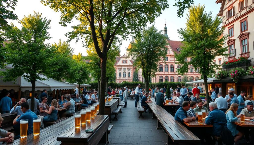 Prompt A bustling Biergarten in the heart of Munich, featuring rows of long wooden tables and benches under a canopy of lush chestnut trees. In the foreground, patrons enjoy frothy mugs of German beer, lively conversation, and traditional Bavarian fare. The middle ground showcases the iconic architecture of the surrounding buildings, their facades adorned with ornate details. In the background, the spires of historic churches and the distant Alps create a picturesque skyline, bathed in the warm glow of the setting sun. The scene exudes a convivial, time-honored atmosphere, perfectly capturing the essence of Munich's renowned beer garden culture.