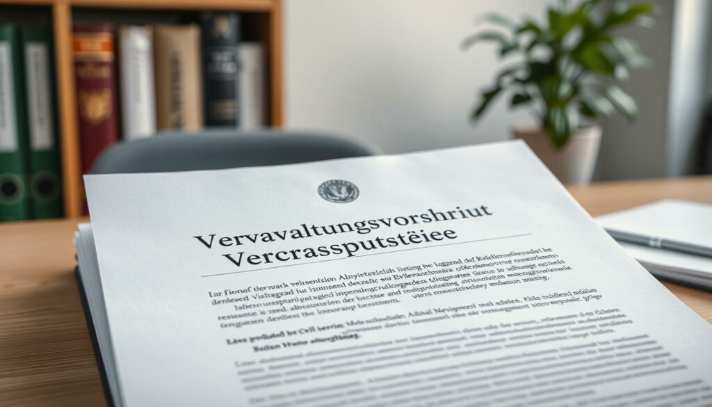 Prompt A detailed administrative document titled "Verwaltungsvorschrift Verfassungstreue" rests on a government office desk, illuminated by soft, directional lighting. The document's crisp pages and official seal evoke a sense of authority and legal significance. In the background, a shelf of reference books and a potted plant create a professional, institutional setting. The image conveys the gravity and importance of the document's content, which outlines the legal foundations and implementation of a new policy regarding civil service employment. The overall mood is one of seriousness, precision, and governmental process.