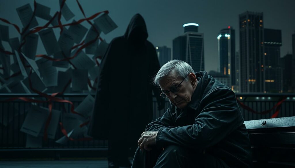 Prompt A dimly lit scene depicting the causes of old-age poverty in Germany. In the foreground, a weary elderly person sits hunched on a bench, their weathered face etched with concern. Behind them, a maze of bureaucratic forms and red tape symbolizes the complexities of the social welfare system. In the middle ground, a shadowy figure representing low wages and unstable employment looms, casting a long shadow over the scene. In the background, towering skyscrapers and luxury high-rises loom, highlighting the growing economic inequality. The lighting is moody and atmospheric, casting deep shadows and creating a sense of unease. The composition is balanced, drawing the viewer's eye to the central figure and the societal forces that have led to their plight.
