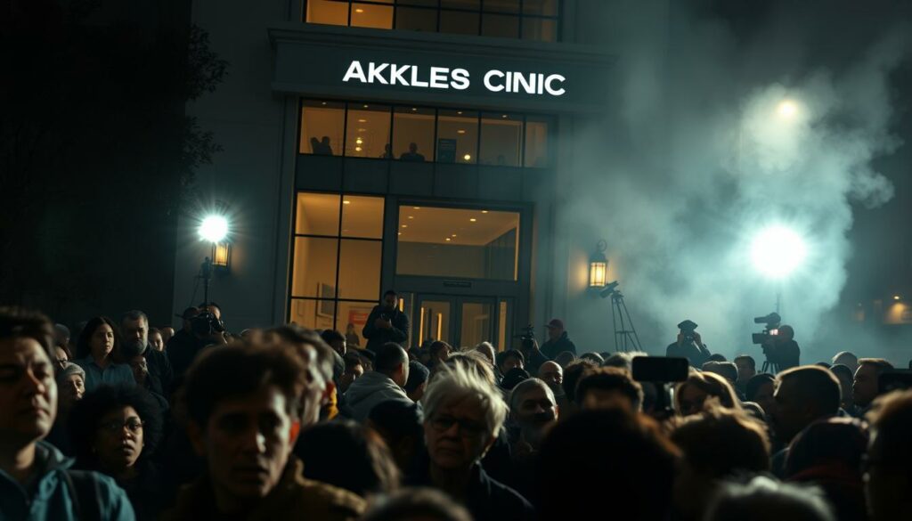 Prompt A striking scene of public and institutional reactions to the Asklepios Clinic TikTok scandal. In the foreground, a vibrant crowd gathers, expressions ranging from outrage to concern, conveying the intensity of the public's response. In the middle ground, the imposing facade of the Asklepios Clinic stands, its windows reflecting the intense scrutiny and media attention. The background is a hazy, charged atmosphere, with flashes of camera lights and the hustle of reporters, capturing the high-stakes and high-pressure nature of the unfolding events. The lighting is dramatic, casting deep shadows and highlights that amplify the emotional weight of the scene. The overall composition creates a sense of dynamic tension, reflecting the turbulent and impactful nature of the Asklepios Clinic scandal.