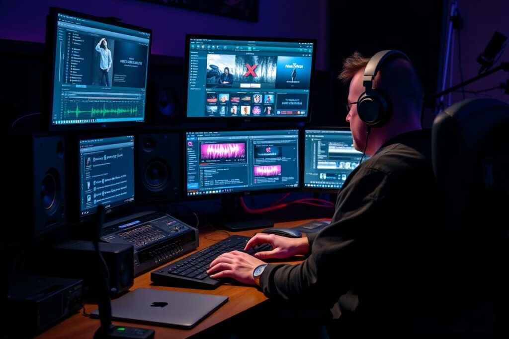 Redakteur eines Musikblogs bei der Arbeit mit Kopfhörern und Audioequipment