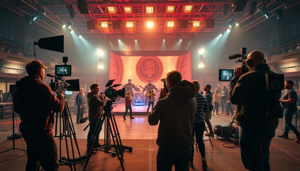 Spectacular video production featuring an elaborate film set with a vast, cinematic backdrop. A talented crew operates professional-grade cameras and lighting equipment, capturing dynamic angles and dramatic compositions. The scene conveys a sense of grand scale, with carefully curated props, costumes, and detailed sets that transport the viewer into an immersive, larger-than-life visual experience. Vibrant colors, deep shadows, and a cinematic depth of field create a polished, high-production-value aesthetic. The overall mood is one of excitement, energy, and a touch of cinematic grandeur, perfectly suited to showcase the impressive challenges and scale of MrBeast's most ambitious video projects.