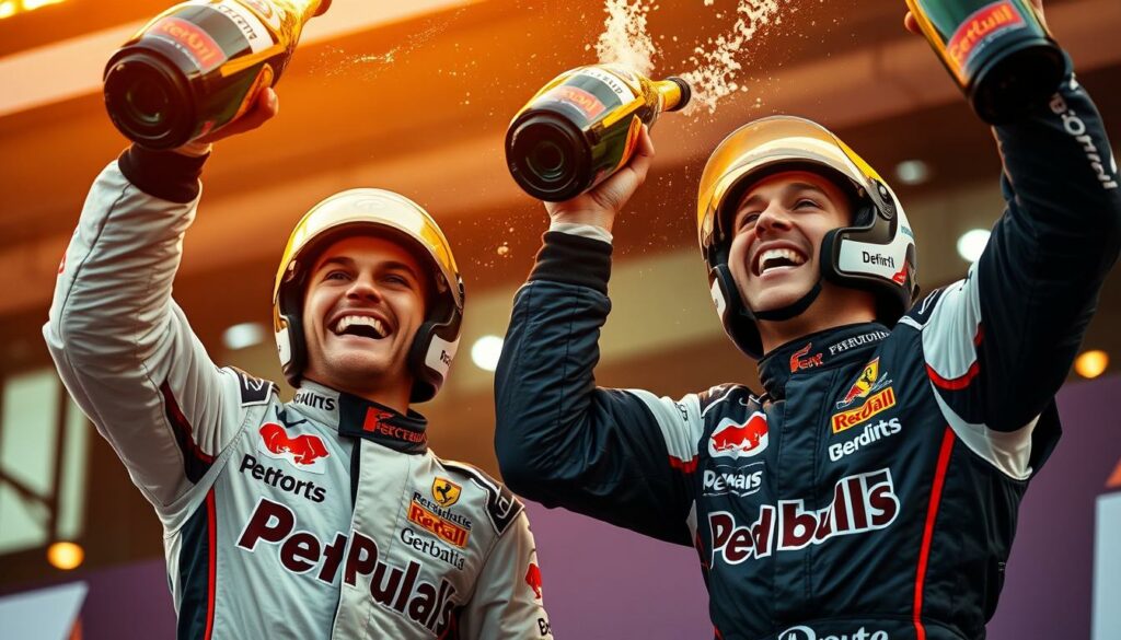 Two Formula 1 race car drivers, teammates and rivals, enthusiastically celebrating on the podium after a hard-fought race. The scene is captured with a wide, low-angle lens that emphasizes the height and dynamic motion of the drivers as they raise their champagne bottles, grins wide and eyes shining with excitement. The background is blurred, highlighting the celebratory moment between the two men in the foreground. Warm, vibrant lighting casts a joyful glow over the entire composition, conveying the electric atmosphere of the victory celebration.