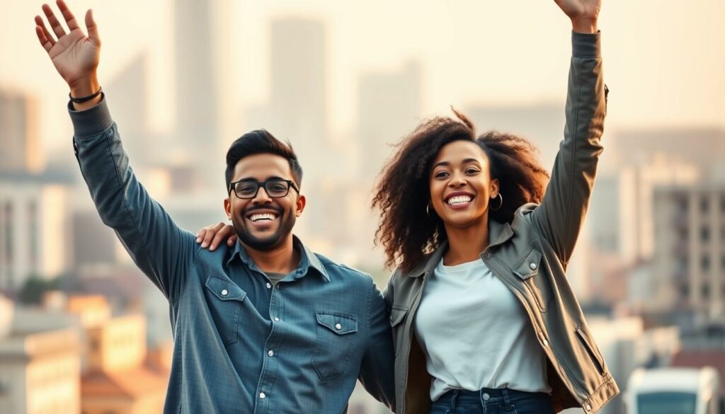 Two people of diverse backgrounds, a man and a woman, standing proudly and joyfully with their arms raised in celebration, their faces alight with the thrill of their Eurojackpot win. They are dressed in casual yet stylish attire, conveying a sense of modernity and relatability. The background is a blurred, warm-toned cityscape, hinting at the grand scale of their life-changing prize. Soft, directional lighting illuminates their expressions, creating a sense of elation and triumph. The overall composition is balanced and dynamic, capturing the essence of their extraordinary luck and good fortune.
