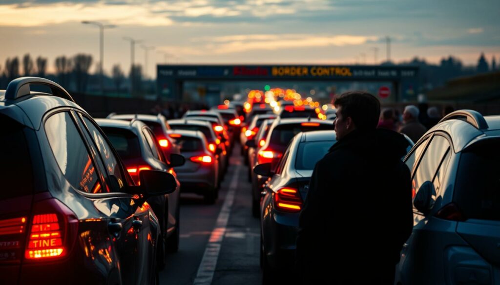 Wartezeiten Grenzübergang: A bustling border crossing with a long line of vehicles waiting to cross, the anticipation palpable in the air. In the foreground, a group of travelers stand patiently, their expressions a mix of resignation and impatience. The middle ground is dominated by the procession of cars, their brake lights glowing softly in the twilight. In the background, the distant silhouettes of customs booths and border control signs loom, hinting at the bureaucratic obstacles ahead. The scene is illuminated by a soft, natural light, casting warm shadows and lending a sense of melancholy to the waiting travelers. The overall atmosphere conveys the frustration and inconvenience of border delays, a testament to the impact of new border policies on everyday journeys.