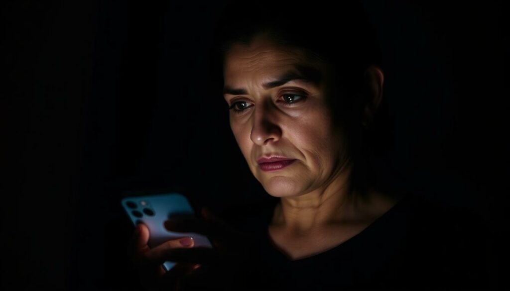 Yeliz Koc, a prominent figure, stands in a dimly lit room, her face illuminated by the soft glow of her smartphone. Her expression is contemplative, a hint of concern in her eyes as she scrolls through her Instagram feed. The background is blurred, creating a sense of focus on her actions, as if she is deeply immersed in a moment of introspection. The lighting is dramatic, casting shadows that accentuate the lines of her face, lending an air of gravity to the scene. The camera angle is slightly elevated, giving the viewer a sense of observing her from above, adding to the sense of significance and importance.