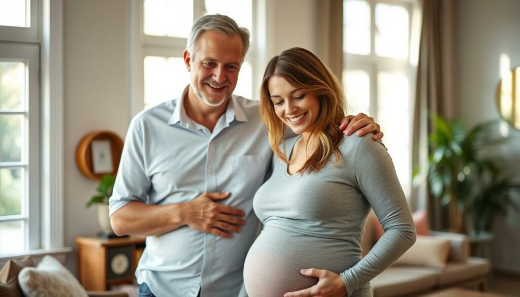 a middle-aged man, Tim Johnson, standing beside a pregnant woman, Ana Johnson, with a warm, supportive expression on his face, a hand gently placed on her shoulder. The scene is set in a cozy, sun-filled living room, with soft natural lighting filtering through large windows. The couple's body language conveys a sense of care, affection, and anticipation as they prepare for the arrival of their new child. The background is slightly blurred, allowing the focus to remain on the couple's intimate moment. The overall mood is one of comfort, reassurance, and the excitement of a new chapter in their lives. a middle-aged man, Tim Johnson, standing beside a pregnant woman, Ana Johnson, with a warm, supportive expression on his face, a hand gently placed on her shoulder. The scene is set in a cozy, sun-filled living room, with soft natural lighting filtering through large windows. The couple's body language conveys a sense of care, affection, and anticipation as they prepare for the arrival of their new child. The background is slightly blurred, allowing the focus to remain on the couple's intimate moment. The overall mood is one of comfort, reassurance, and the excitement of a new chapter in their lives.
