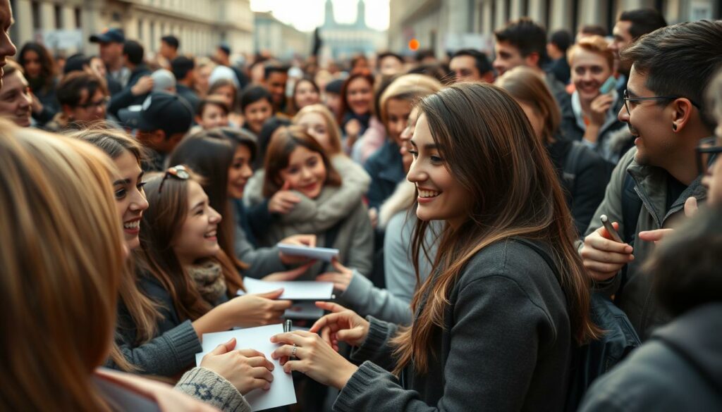 A bustling fan interaction scene, captured in a cinéma vérité style. In the foreground, a young woman, Anne Wünsche, warmly engages with a group of enthusiastic fans, their expressions filled with excitement and admiration. The middle ground reveals a dynamic mix of candid interactions, autograph signings, and playful exchanges, all bathed in soft, diffused lighting that lends an intimate, almost dreamlike quality to the moment. In the background, a blurred cityscape hints at the larger context, suggesting the public nature of these fan encounters. The overall atmosphere conveys a sense of genuine connection and mutual appreciation between the celebrity and her devoted supporters.