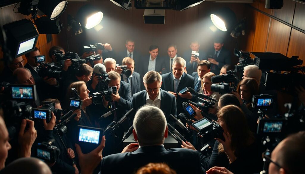 A bustling newsroom, cameras flashing, microphones extended, reporters scrambling to capture the essence of a high-profile legal case. In the center, a press conference unfolds, the accused standing stoically as journalists lean in, hungry for the next sensational headline. The lighting is dramatic, shadows casting an air of intrigue, while the background blurs, drawing the eye to the focal point - the media's insatiable appetite for attention-grabbing narratives. This scene reflects the delicate balance between public interest and ethical reporting, where the line between informative coverage and exploitative sensationalism is often blurred. A bustling newsroom, cameras flashing, microphones extended, reporters scrambling to capture the essence of a high-profile legal case. In the center, a press conference unfolds, the accused standing stoically as journalists lean in, hungry for the next sensational headline. The lighting is dramatic, shadows casting an air of intrigue, while the background blurs, drawing the eye to the focal point - the media's insatiable appetite for attention-grabbing narratives. This scene reflects the delicate balance between public interest and ethical reporting, where the line between informative coverage and exploitative sensationalism is often blurred.