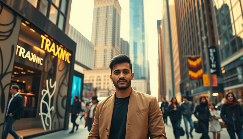A bustling street scene in New York City, with the iconic skyline in the background. In the foreground, a young entrepreneur, Maksud Agadjani, stands confidently in front of a newly opened boutique, "TraxNYC." The store's facade is adorned with sleek, contemporary designs, reflecting Maksud's vision for high-quality, fashion-forward merchandise. The lighting is warm and inviting, casting a golden glow on the scene. The middle ground features passersby, dressed in the latest styles, creating a lively and dynamic atmosphere. In the background, towering skyscrapers stretch towards the sky, conveying the sense of ambition and opportunity that characterizes the city. The overall mood is one of determination, creativity, and the thrill of building a successful business in the heart of New York.
