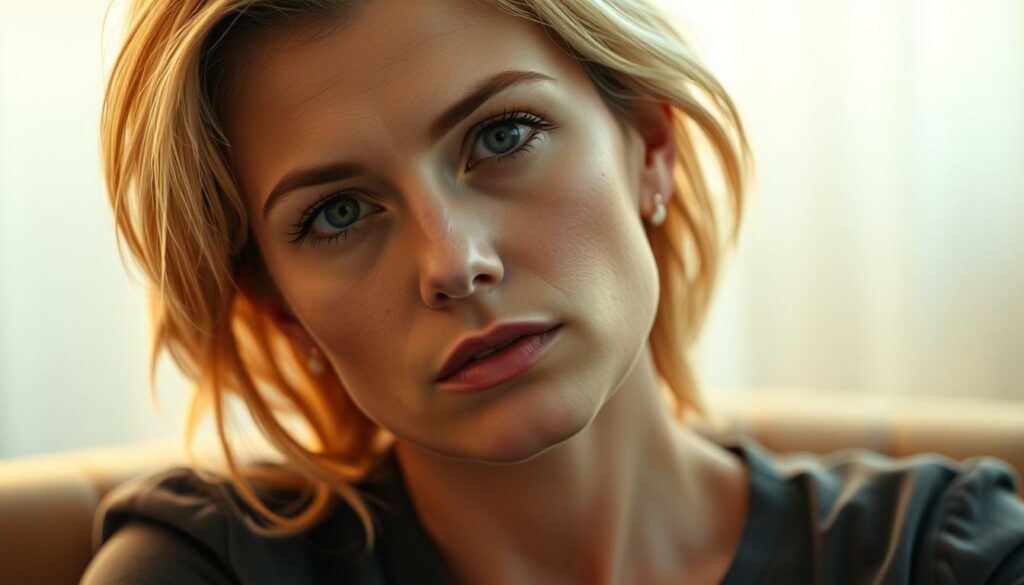A close-up portrait of Charlotte Würdig, a German television personality, against a soft, ethereal background. She is sitting in a chair, looking directly at the camera with a pensive, contemplative expression. The lighting is warm and flattering, accentuating her natural beauty. The image has a sense of intimacy and vulnerability, hinting at the possibility of a new chapter in her career, perhaps exploring the realm of OnlyFans. The overall tone is one of introspection and a sense of personal growth, reflecting the subject matter of the article.