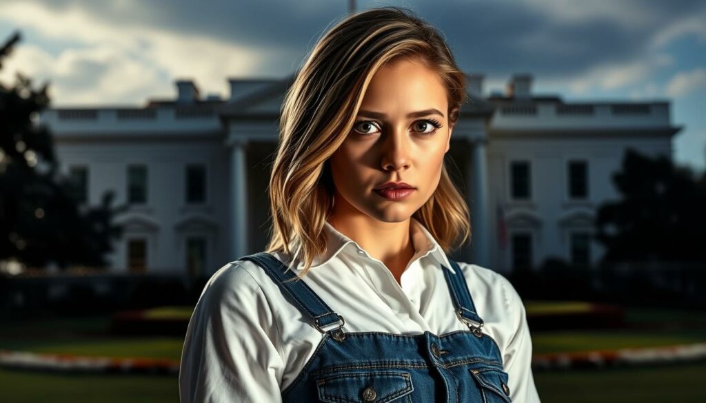 A close-up portrait of Sydney Sweeney, her expression conveying a mix of concern and determination, set against a background of the iconic White House. Dramatic lighting casts sharp shadows, creating a sense of high stakes and political intrigue. Sweeney's fitted denim jeans and crisp white blouse suggest a sophisticated yet relatable style, hinting at her influence beyond Hollywood. The scene exudes an air of gravitas, evoking the weighty political implications of this unexpected encounter between the actress and the former president.