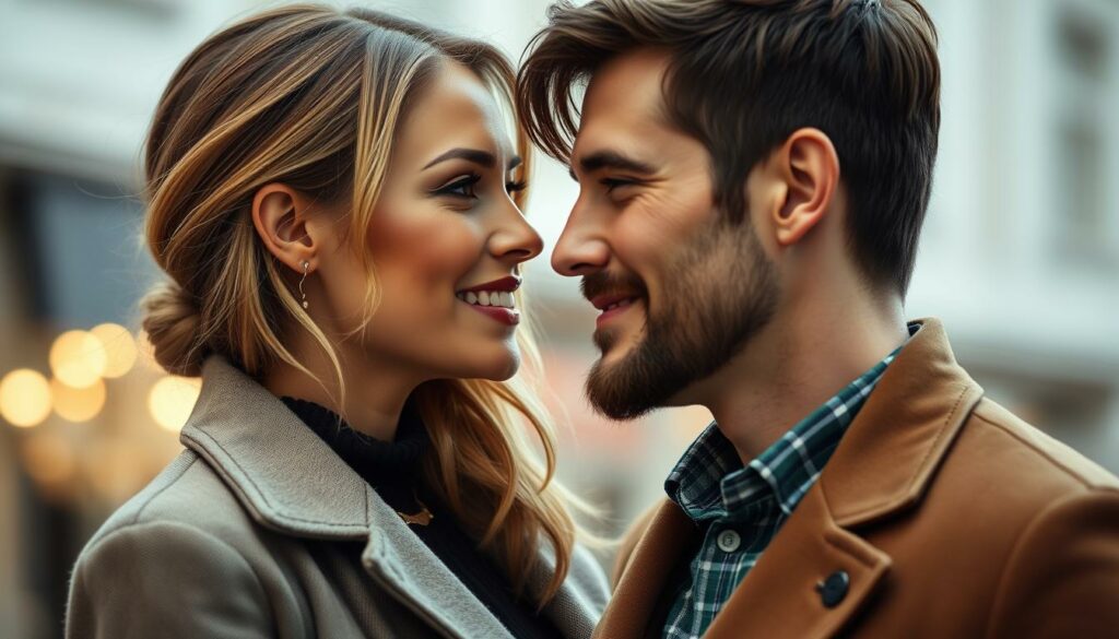 A close-up portrait of a stylish, fashionable couple gazing into each other's eyes with a sense of intimacy and connection. The woman, Mats Hummels' girlfriend, is wearing a chic, sophisticated outfit that complements the man's smart casual attire. The lighting is soft and flattering, creating a warm, romantic atmosphere. The background is slightly blurred, keeping the focus on the couple's emotional bond. The composition emphasizes the couple's body language and facial expressions, conveying a sense of deep affection and the "Beziehung im Fokus" (relationship in focus).