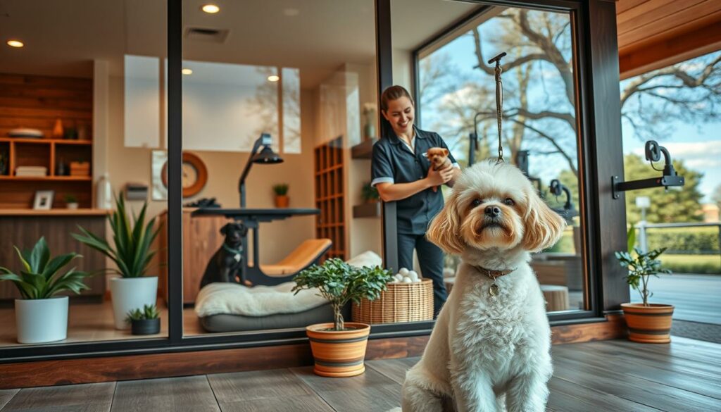 A cozy and inviting dog grooming salon with a warm, natural aesthetic. The storefront features large windows showcasing a clean, well-organized interior with a reception desk, grooming stations, and plush dog beds. Rustic wooden accents, potted plants, and subtle lighting create a calming atmosphere. In the foreground, a well-groomed poodle sits patiently, its fur neatly trimmed and shiny. In the middle ground, a friendly staff member in a smart uniform attends to a Yorkshire terrier, using high-quality grooming tools. The background depicts a serene outdoor scene with trees and a blue sky, conveying a sense of tranquility. The overall impression is of a professional, pet-focused establishment that prioritizes the comfort and care of its canine clients.