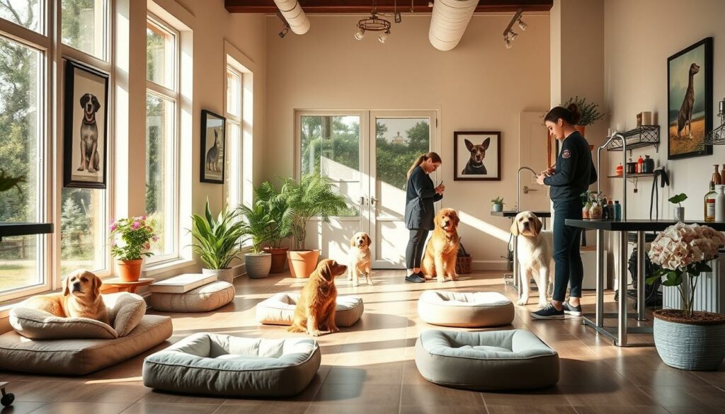 A cozy and welcoming dog grooming salon in Luxembourg, with large windows allowing natural light to pour in. Inside, plush pet beds and bowls line the floor, while professional groomers attend to the canine clients with care and expertise. The walls are adorned with framed pet portraits and soothing nature-inspired artwork, creating a serene atmosphere. Potted plants and fresh flowers add a touch of greenery, while the scent of premium shampoos and conditioners fills the air. In the background, the faint sound of classical music plays, soothing both pets and their owners. The overall impression is one of a luxurious and pampering experience for the beloved four-legged family members.