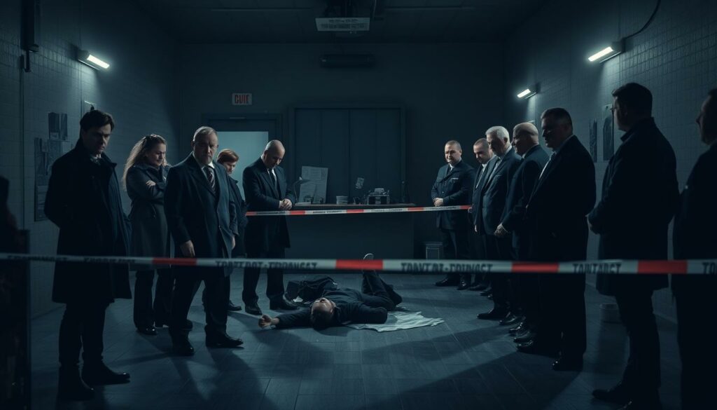 A crime scene investigation in a dimly lit room, with a somber and serious atmosphere. In the foreground, a team of detectives and forensic specialists diligently examine the evidence, their expressions focused and determined. The middle ground reveals a partially obscured body, the scene cordoned off with police tape. In the background, a sense of urgency pervades as officers and officials confer, their body language conveying the gravity of the situation. Dramatic chiaroscuro lighting casts dramatic shadows, emphasizing the investigative process. The composition is balanced and cinematic, capturing the intensity and gravity of the "Ermittlungen Tötungsdelikt" proceedings.