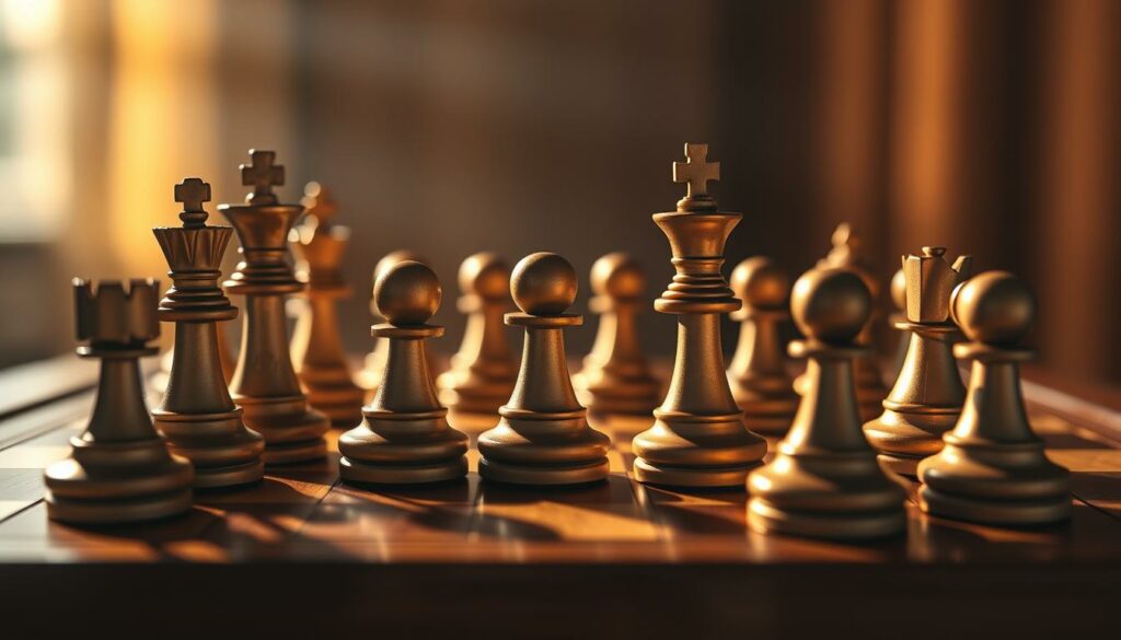 A detailed and stately arrangement of classic chess pieces on a well-worn wooden chessboard, illuminated by warm, directional lighting that casts dramatic shadows. The pieces are captured in a high-resolution, photorealistic style, with intricate textures and subtle reflections. The overall composition emphasizes the timeless elegance and strategic depth of the game of chess, inviting the viewer to immerse themselves in the fundamental rules and dynamics that govern this enduring intellectual pursuit.