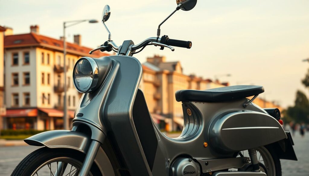 A detailed, high-resolution image of a classic Simson S50 Modell moped, set against a backdrop of a 1970s East German cityscape. The moped is positioned in the foreground, with a sleek, silver-gray metallic finish and black accents. The headlight, handlebars, and other details are sharply defined, capturing the iconic design of this beloved East German two-wheeler. In the middle ground, a row of period-accurate buildings and streetlamps create a nostalgic, urban environment, evoking the cultural significance of the Simson moped during the GDR era. The lighting is natural, with warm, golden tones that convey a sense of nostalgia and timelessness. The overall composition emphasizes the Simson's place as a symbol of East German engineering and the everyday lives of the people who rode them.