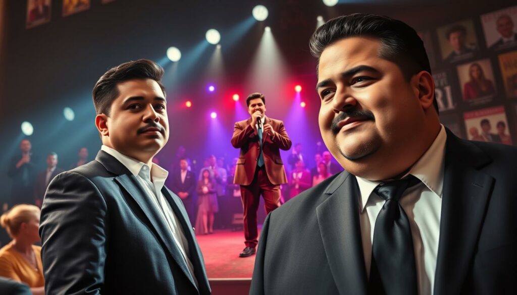 A detailed portrait of celebrity "Fat Perez" at different stages of his career journey. In the foreground, a young, ambitious Perez stands confidently, dressed in a sharp suit. In the middle ground, Perez is seen on stage, microphone in hand, captivating a large audience. In the background, a montage of Perez's achievements and accolades - awards, magazine covers, and red carpet events. Dramatic lighting casts an inspiring, aspirational tone, while a cinematic depth of field and warm color palette evoke a sense of progress and success. The overall composition conveys Perez's transformative career path, from humble beginnings to acclaimed stardom.