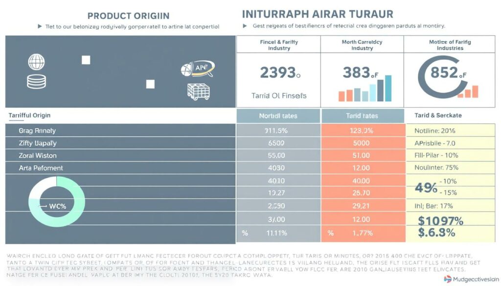 A detailed product origin and tariff rate comparison, showcasing the impact on various industries. A clean, minimalist infographic-style layout, with sleek icons and color-coded data visualizations. Precise technical details with a sense of authority and professionalism. Conveying the gravity of the situation through a balanced, objective tone. Lighting that is crisp and evenly distributed, with a subtle depth of field. An angle that provides a comprehensive, bird's-eye view of the information. An overall tone that is informative, data-driven, and pragmatic.