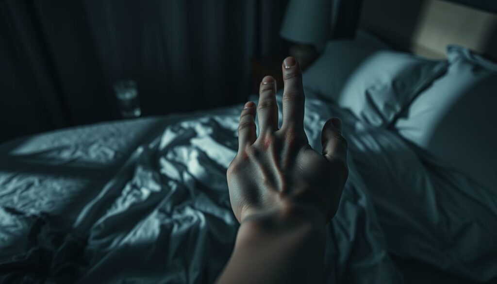 A dimly lit hotel room, shadows cast across the floor. On a nightstand, a glass of clear liquid, a sinister contrast to the innocence of the crumpled bedsheets. In the foreground, a woman's hand, limp and unmoving, a haunting symbol of the horrors that have transpired. The atmosphere is oppressive, the air thick with a sense of violation and betrayal. Unseen forces have stripped this victim of her agency, leaving her vulnerable and exposed. This is the grim reality of "chemische submission" - a growing scourge in Germany, where predators exploit their victims through the use of incapacitating substances. The image must convey the gravity of this crisis, a somber warning to all who may fall prey to such malicious acts.