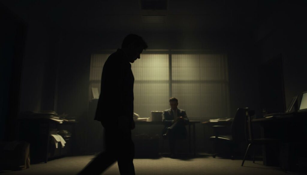 A dimly lit interior, the camera angled low to capture the tension and drama of a Thriller-Serie. In the foreground, a shadowy figure paces nervously, their face obscured in shadow. The middle ground reveals a cluttered office space, papers and files strewn about, hinting at the complex narrative unfolding. The background is a hazy, moody atmosphere, with muted tones and a sense of unease pervading the scene. Dramatic lighting casts deep, ominous shadows, heightening the suspense and mystery. The overall mood is one of unease and foreboding, reflecting the weaknesses in the series' screenplay as described in the article's section title.