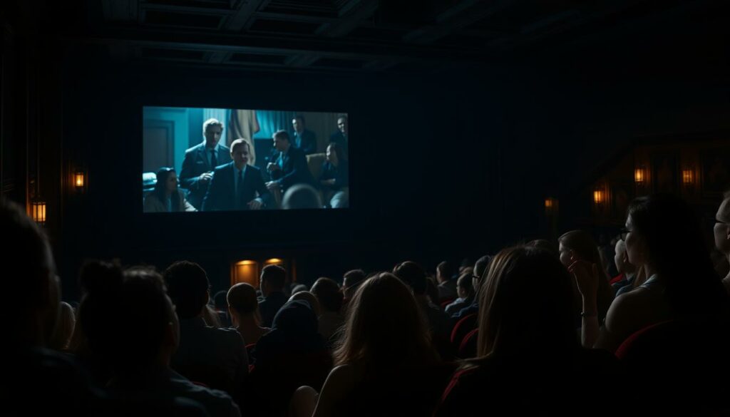 A dimly lit movie theater, the screen flickering with scenes from a captivating thriller series. In the foreground, a group of audience members sit on the edge of their seats, eyes glued to the action unfolding before them. The lighting is dramatic, casting shadows across their faces, heightening the tension and suspense. In the middle ground, the theater's architecture is visible, with ornate moldings and plush velvet seats, suggesting an old-world charm. The background is shrouded in darkness, with the only illumination coming from the screen, casting a warm, cinematic glow across the scene. The overall atmosphere is one of anticipation and intrigue, capturing the essence of the "Thriller-Serie" and the captivating story that unfolds within it.