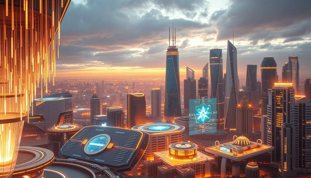 A dynamic, futuristic cityscape glows with the promise of technological innovation. In the foreground, a sleek, luminous structure represents the cutting edge of design and engineering. Cascading light fixtures and sweeping architectural forms create an atmosphere of boundless potential. In the middle ground, floating holograms and holographic displays showcase the latest advancements in digital interface and communication. The background is a panorama of towering, glass-and-steel skyscrapers, their facades shimmering under the warm, diffused illumination of a futuristic skyline. The scene evokes a sense of excitement and possibility, capturing the spirit of "Innovation als Erfolgsfaktor" – the driving force behind the success of the modern digital era.