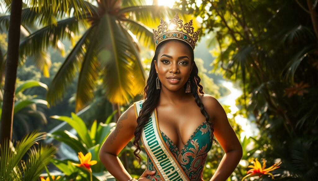 A glamorously dressed Djamila Rowe, the reigning "Dschungelkönigin", posing confidently in a lush jungle setting. Sunlight filters through the verdant foliage, casting a warm, golden glow on her face. Djamila's expression is one of proud triumph, embodying the spirit of her Jungle Queen title. The background features towering palm trees, vibrant tropical flowers, and a hint of a winding river in the distance, creating an immersive, exotic atmosphere. The camera captures Djamila in a slightly high-angle shot, emphasizing her regal presence. The overall mood is one of celebratory empowerment and jungle-inspired glamour.