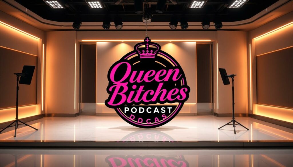 A glossy, high-quality studio podcast set with a bold, stylized logo for "Queen Bitches Podcast" prominently displayed in the center of the frame. The background features a sleek, minimalist design with clean lines and a neutral color palette, creating a sophisticated and polished aesthetic. The lighting is warm and flattering, casting a soft glow on the set and accentuating the high-end production value. The camera angle is slightly elevated, giving the viewer a sense of authority and command, aligning with the confident and unapologetic tone of the podcast. The overall visual style conveys a sense of professionalism, exclusivity, and a hint of rebellious, empowered femininity.