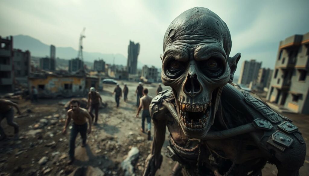 A hauntingly realistic portrait of a walker from the post-apocalyptic world of "The Walking Dead". The foreground focuses on the decaying, shambling figure, its sunken eyes and gaping, lifeless mouth conveying a chilling sense of undeath. The middle ground features a bleak, desolate urban landscape, buildings in ruin and a hazy, overcast sky. In the background, a group of other walkers trudge aimlessly, creating an atmosphere of dread and despair. Dramatic, high-contrast lighting casts sharp shadows, emphasizing the gritty, grim tone. The camera angle is a low, imposing perspective, putting the viewer face-to-face with the horrors of this dystopian world.