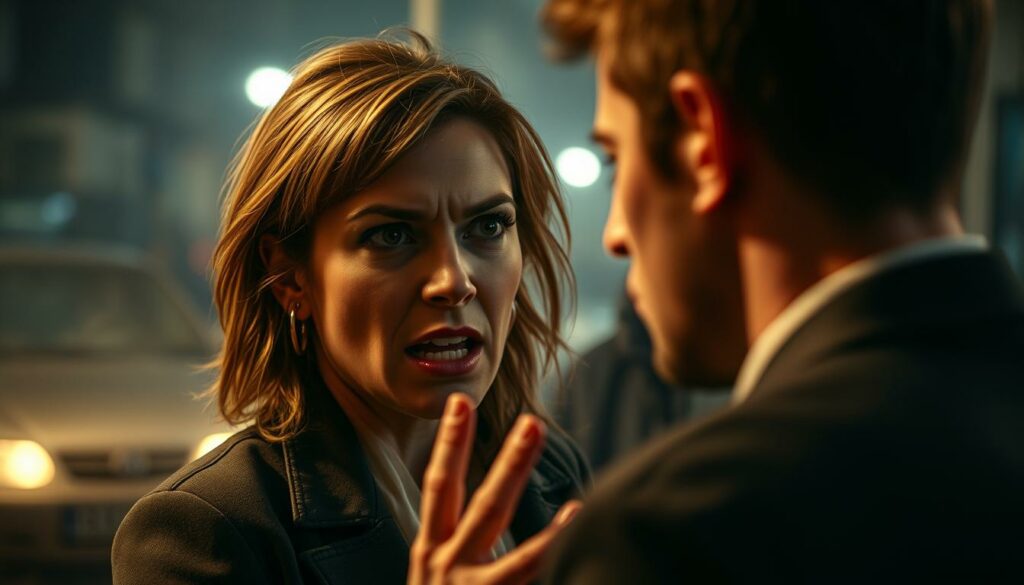 A heated argument between Cora Schumacher and an unseen person, set against the backdrop of a dimly lit, moody urban environment. The foreground shows Cora's intense, expressive face, her brow furrowed, lips pursed, as she gestures emphatically. The middle ground features the blurred silhouette of the other person, creating a sense of tension and confrontation. The background is hazy, with a sense of motion and movement, suggesting the intensity of the exchange. Dramatic lighting casts deep shadows, heightening the dramatic mood. The overall composition conveys a palpable sense of conflict and interpersonal drama.