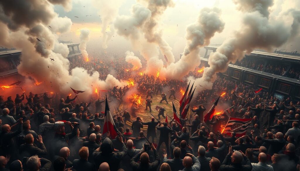 A heated, contentious online battleground with swirling clouds of discord. In the foreground, a tangled web of angry comments and heated rhetoric, the clash of opposing viewpoints raging across social media platforms. In the middle ground, a digital landscape dotted with the avatars and profiles of the warring factions, each staking their claim and hurling verbal salvos. And in the distant background, the vast, looming infrastructure of the internet itself, a labyrinth of servers, cables, and algorithms, the unseen stage upon which this digital conflict plays out. The scene is charged with tension, the atmosphere electric with the intensity of the ongoing struggle, a visual metaphor for the "schwelender Streit" that has consumed this corner of the online world.