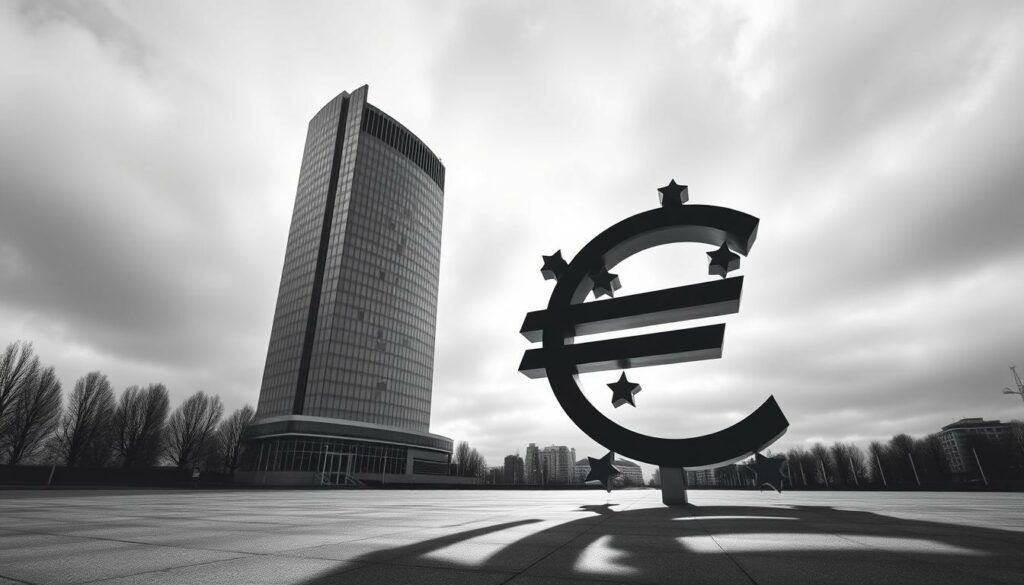 A high-contrast architectural illustration of the European Central Bank (ECB) headquarters in Frankfurt, Germany. The imposing modernist building stands tall, its curved glass facade reflecting the cityscape. In the foreground, the iconic euro symbol casts a long shadow across the plaza, symbolizing the bank's influence on European monetary policy. The sky is overcast, lending an air of gravity and seriousness to the scene. The composition emphasizes the scale and authority of the ECB, hinting at the complex financial and economic forces it must navigate as it sets the Eurozone's interest rates and manages the currency. Soft, dramatic lighting accentuates the building's angular, futuristic design.