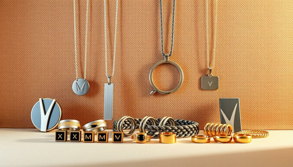 A high-end menswear jewelry display, captured in a warm, soft-lit studio setting. Showcasing a selection of the top luxury accessory brands for men - sleek, modern pieces in sterling silver, titanium, and gold-plated designs. Necklaces, bracelets, rings, and cufflinks arranged artfully against a neutral, textured backdrop, creating an aspirational yet approachable visual. The scene exudes sophistication and refined masculine style, highlighting the craftsmanship and versatility of these premium men's jewelry collections.