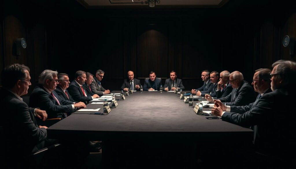 A high-profile panel discussion with government officials, policy experts, and economists, debating the implications of the record-high Bürgergeld costs. Dimly lit room with a large, imposing table in the center, surrounded by serious-looking individuals engaged in heated discussion. Shadows cast across their faces, creating an atmosphere of gravity and importance. Wide-angle shot capturing the scene, with the participants' body language and facial expressions conveying the weight of the subject matter.
