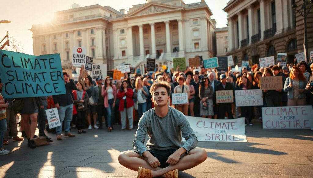 A large crowd of protesters gathers in a city square, waving banners and placards with climate-related slogans. The scene is illuminated by warm, golden sunlight, casting long shadows across the pavement. In the foreground, a young man sits cross-legged on the ground, his face a mask of determination as he engages in a hunger strike, surrounded by onlookers and journalists. The middle ground features a diverse group of activists, their expressions ranging from passionate to somber, while the background showcases the towering facades of government buildings, serving as a powerful backdrop to this act of civil disobedience. The overall atmosphere conveys a sense of urgency and resolve in the fight for climate justice.