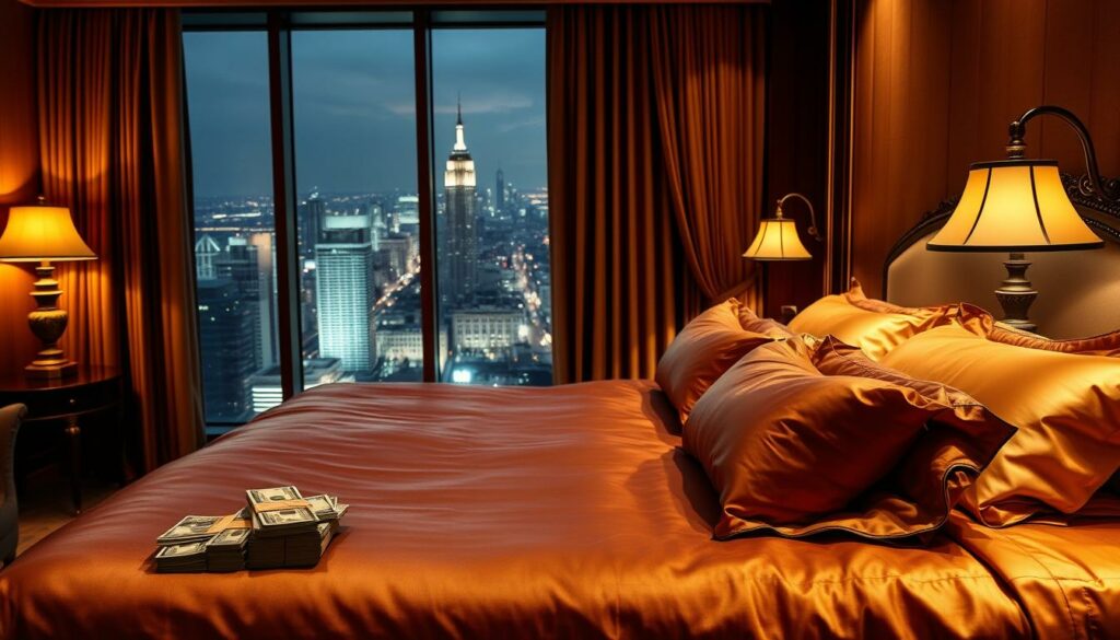 A lavish, luxurious bedroom setting with a large, plush bed as the focal point. The bed is adorned with high-quality, satin sheets and a silk duvet cover in a deep, rich color. Beside the bed, a nightstand holds a stacks of cash, neatly arranged in crisp, freshly minted bills. Soft, warm lighting from a pair of ornate lamps casts a glow over the scene, creating an atmosphere of indulgence and opulence. In the background, a large, floor-to-ceiling window offers a panoramic view of a bustling city skyline, hinting at the wealth and success of the room's occupant. The overall mood is one of lavish luxury, wealth, and the trappings of high-end celebrity status.