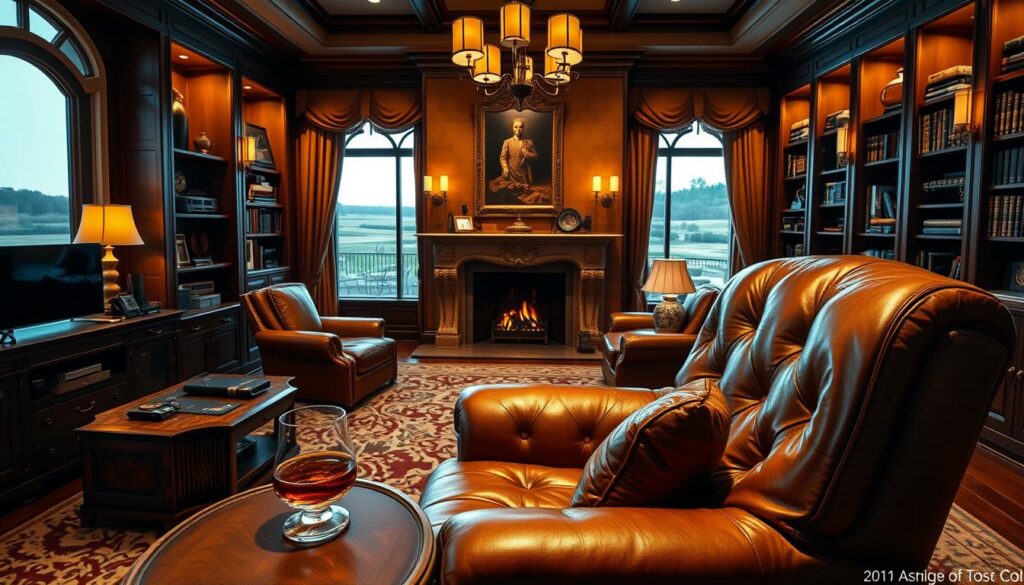 A lavishly appointed, high-end residential interior with warm lighting and plush furnishings. In the foreground, a large, indulgently comfortable leather armchair takes center stage, a half-empty glass of fine whisky resting on a side table next to it. Surrounding the chair, an assortment of expensive consumer electronics, designer accessories, and cigar paraphernalia convey a sense of excess and opulence. The middle ground features an ornate fireplace flanked by bookshelves filled with rare volumes, while the background showcases floor-to-ceiling windows overlooking a sweeping, manicured estate. The overall atmosphere is one of decadence, wealth, and a life of unapologetic luxury.