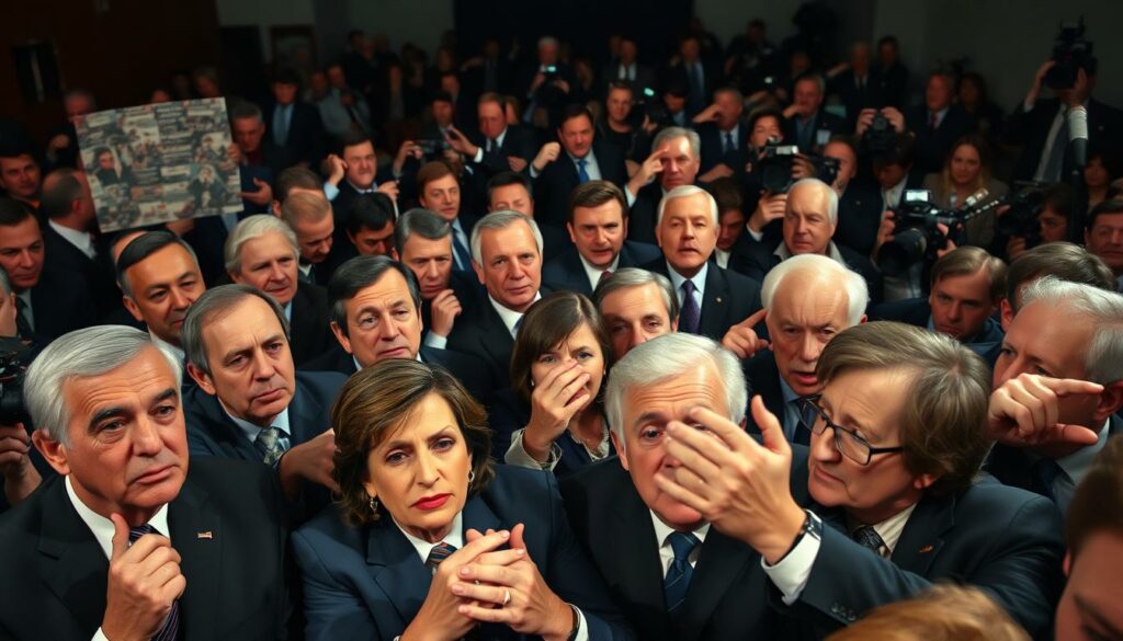 A lively crowd of political figures and media pundits reacting with a range of emotions to the controversial "jeans-gate" incident at the White House. In the foreground, a mix of concerned, amused, and outraged expressions from high-profile politicians and journalists. In the middle ground, a flurry of hand gestures and heated discussions. The background depicts a bustling, tension-filled scene with reporters furiously taking notes and cameras flashing. The lighting is dramatic, with shadows and highlights emphasizing the intensity of the moment. An cinéma vérité-style composition captures the chaos and turbulence of the unfolding situation.