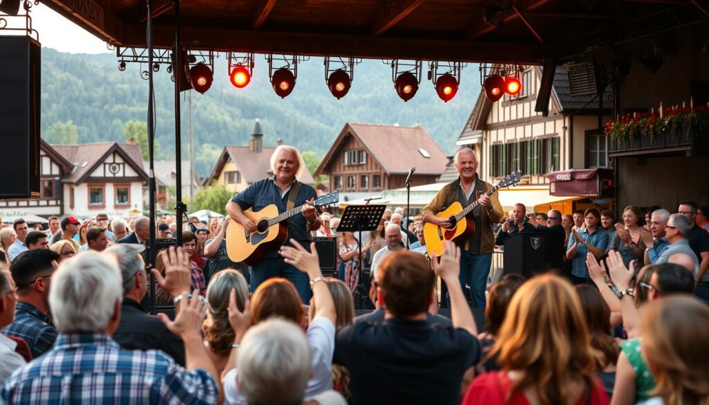 A lively outdoor stage set against the backdrop of a charming German village, its half-timbered houses and rolling hills in the distance. At the center, the Wildecker Herzbuben, two gray-haired musicians, perform their signature folk-pop tunes for a cheering crowd gathered for the annual HeidiFest celebration. Warm stage lighting casts a cozy glow, highlighting the performers' animated expressions and the joy of their final joint appearance. The audience, a mix of locals and tourists, sway and clap along, creating an atmosphere of bittersweet nostalgia as the duo's long partnership comes to an end.
