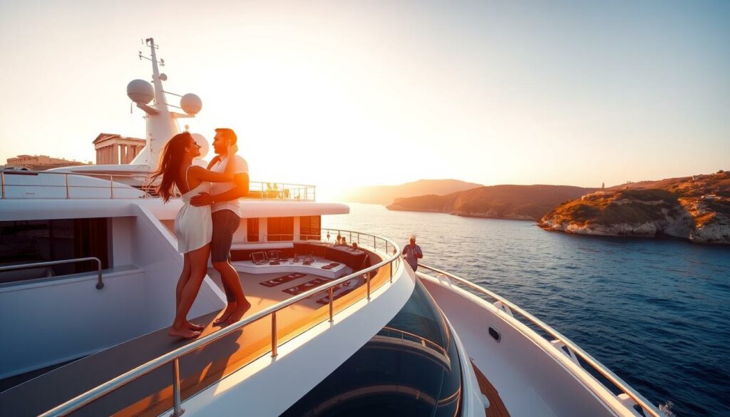 A luxurious cruise ship glides through the azure waters of the Mediterranean, its sleek silhouette mirrored in the calm sea. On the sun-drenched deck, couples embrace, their bodies intertwined in sensual displays of desire. The warm, golden light casts a romantic glow, accentuating the intimate moments shared between the passengers. In the background, the ancient ruins of Athens and the stunning coastline of Italy provide a breathtaking backdrop, hinting at the allure and adventure that awaits. The scene exudes an atmosphere of sensuality, exclusivity, and the promise of unforgettable experiences, capturing the essence of the Desire Athen Rom Cruise.