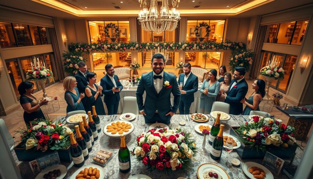 A luxurious high-angle view of a lavish Meilensteine millionen celebration, showcasing Chico's remarkable journey since 2022. In the foreground, an opulent table overflows with champagne bottles, gourmet dishes, and extravagant floral arrangements. Chico stands in the middle ground, beaming with joy and surrounded by his closest friends and family, all dressed in elegant formal attire. The background features a sprawling mansion with grand, floor-to-ceiling windows, bathed in warm, golden lighting, conveying a sense of prosperity and new beginnings. The overall atmosphere is one of celebration, accomplishment, and the anticipation of Chico's next chapter - marriage and fatherhood.
