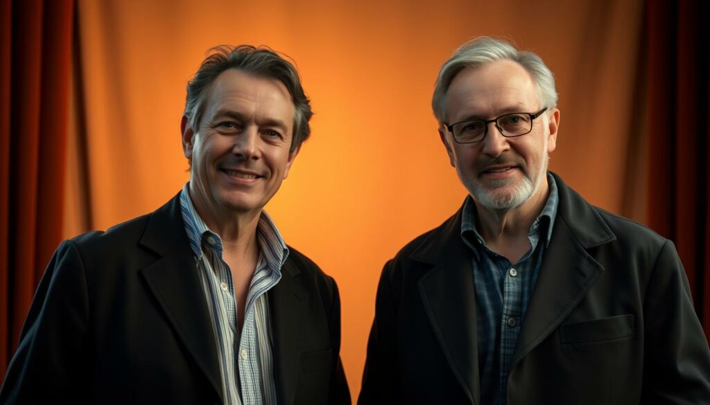 A medium-shot portrait of Wolfgang Schwalm and Wilfried Gliem, the two founding members of the German pop music duo Wildecker Herzbuben, set against a warm, softly-lit background. Schwalm, with his warm, friendly demeanor, stands on the left, while Gliem, with a more pensive, introspective expression, occupies the right side of the frame. The men's contrasting outfits and body language subtly convey their distinct personalities and the different paths they have taken. The image has a nostalgic, cinematic quality, evoking the duo's long-standing collaboration and the bittersweet nature of their separation.