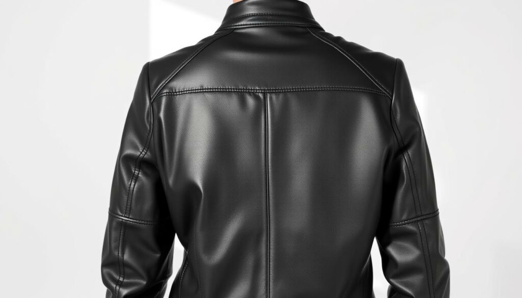 A perfectly fitted leather jacket in a timeless, classic style. The jacket is made of high-quality, buttery-soft black leather, with a slim, tailored silhouette that flatters the wearer's figure. The jacket features a stand-up collar, a centered zipper closure, and subtle stitching details that add visual interest. The lighting is soft and natural, casting gentle shadows that accentuate the jacket's contours. The background is a minimalist, clean white studio setting, allowing the jacket to be the focal point. The overall mood is one of elegant simplicity, highlighting the jacket's exceptional fit and craftsmanship.