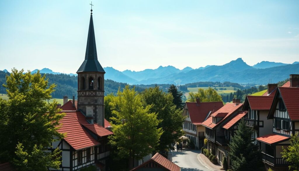 A picturesque village nestled in the rolling hills, Schanzefeste Altschauerberg stands as a testament to the idyllic German countryside. Quaint half-timbered houses with vibrant red-tiled roofs dot the landscape, their weathered facades hinting at the passage of time. A small church steeple rises into the crisp, azure sky, its ornate architecture a focal point of the scene. Lush, verdant trees sway gently in the breeze, casting dappled shadows across the cobblestone streets. In the distance, rugged mountains loom, their jagged peaks reaching towards the heavens. The overall atmosphere is one of tranquility and timelessness, a serene contrast to the turbulent online dynamics that unfold beyond this pastoral setting.