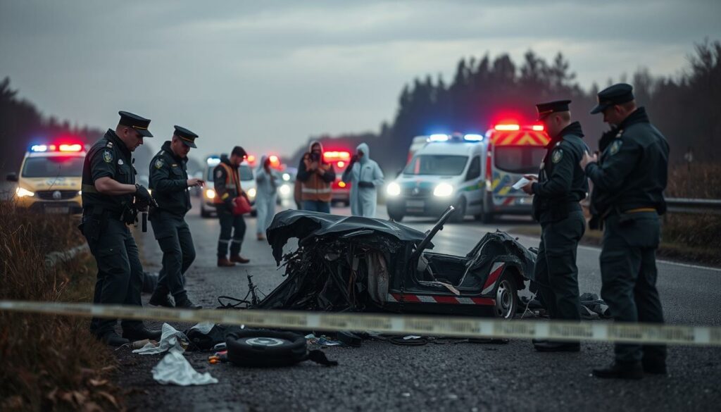 A police investigation scene at the site of a tragic accident in Kürten. In the foreground, uniformed officers examine the wreckage of a wrecked vehicle, their expressions solemn as they meticulously document the evidence. In the middle ground, forensic technicians gather samples and take measurements, the flash of their cameras intermittently illuminating the somber scene. In the background, the silhouettes of emergency vehicles with flashing lights create an air of somber intensity, while the overcast sky casts a muted, melancholic tone over the entire tableau. The overall mood is one of somber investigation, as the authorities work to uncover the causes of this devastating accident that has claimed young lives.