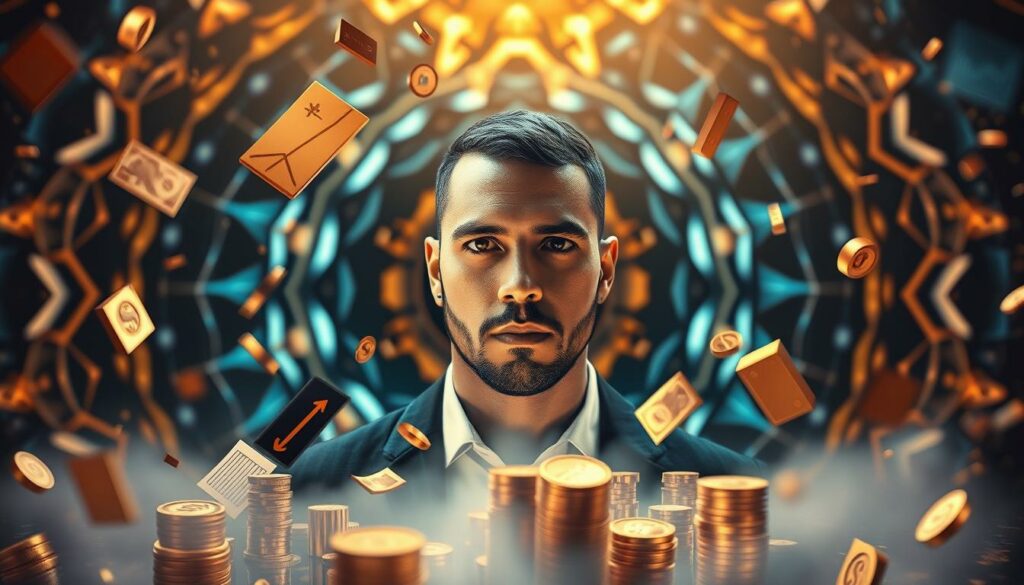 A richly detailed and captivating image of "Peso Pluma Diversified Investments". In the foreground, an array of financial instruments and symbols float in a serene, ethereal space - stocks, bonds, currencies, and investment charts shimmer with a golden hue, hinting at Peso Pluma's diverse portfolio. The middle ground features a striking portrait of the singer, his confident gaze radiating ambition and savvy. In the background, a kaleidoscope of geometric shapes and patterns create a visually striking, futuristic backdrop, suggesting Peso Pluma's cutting-edge approach to wealth management. Dramatic lighting casts dramatic shadows, while a warm, inviting color palette evokes a sense of prosperity and success. Precise, photorealistic rendering brings this vision to life with a captivating sense of depth and dimension.